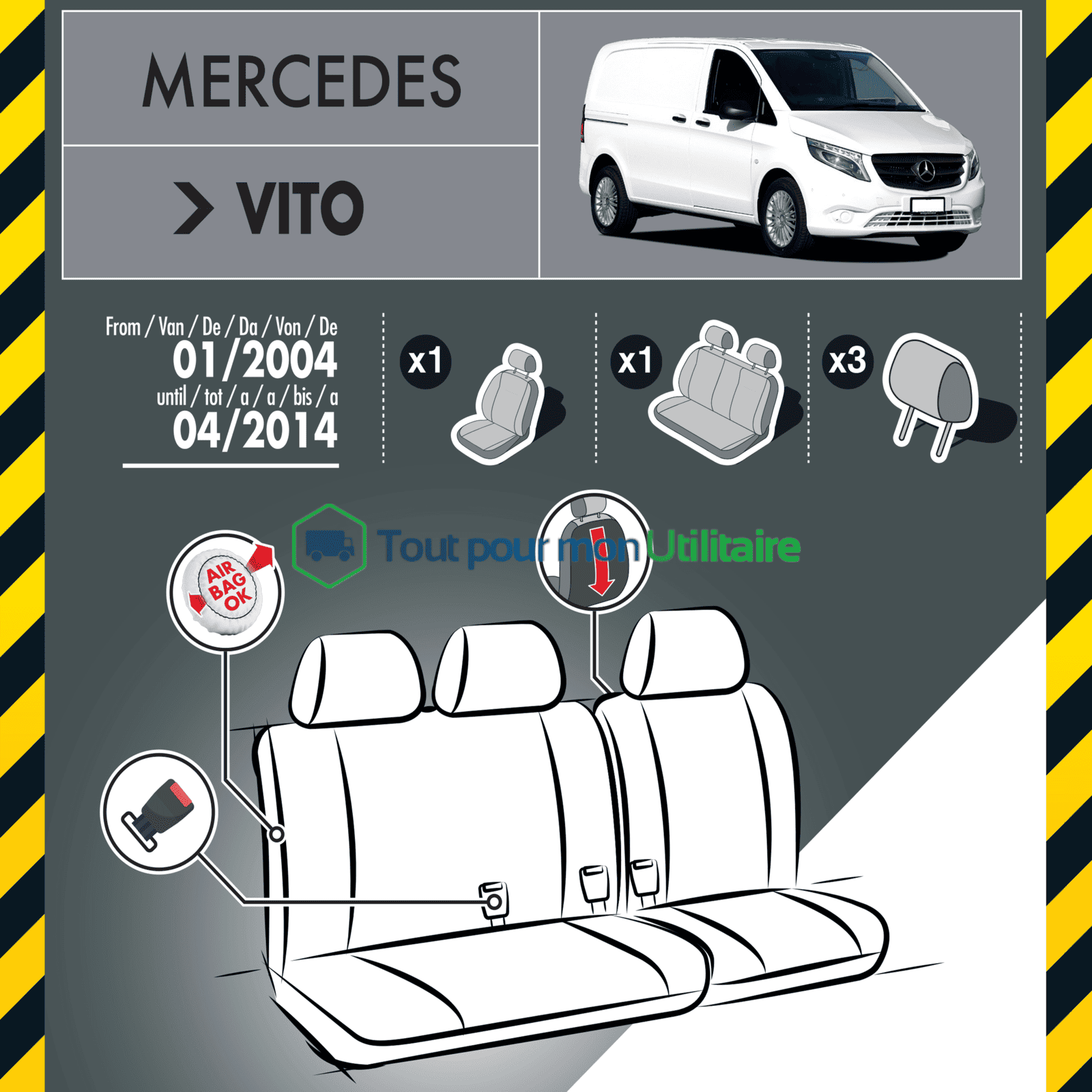 Housses en Jacquard/Simili Cuir pour MERCEDES Vito 2004-2014 - 1 siège  conducteur + 1 banquette 2 places (compatible airbag)