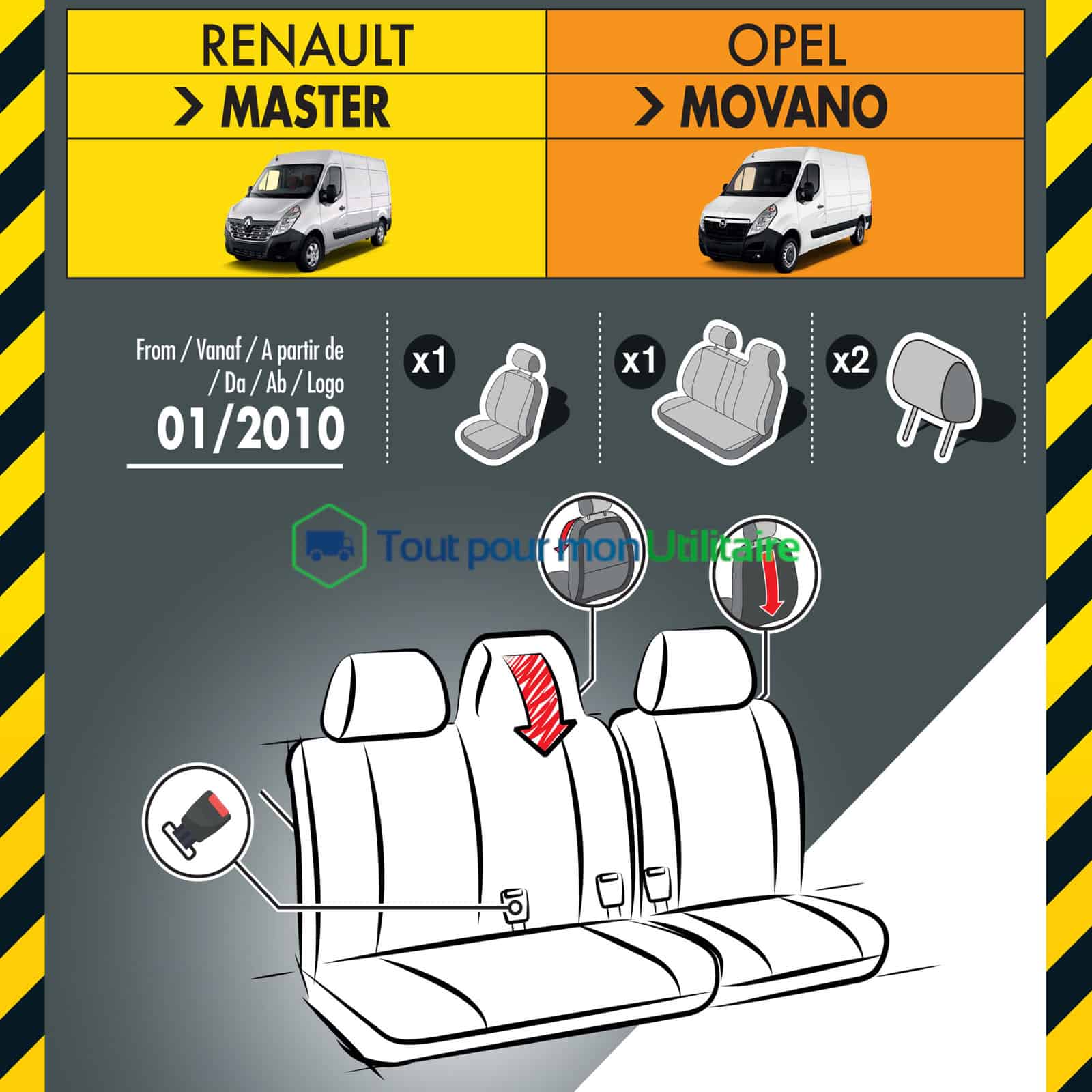 Housses en Jacquard/Simili Cuir pour RENAULT Trafic 2019+ - 1 siège  conducteur + 1 banquette 2 places (compatible airbag)