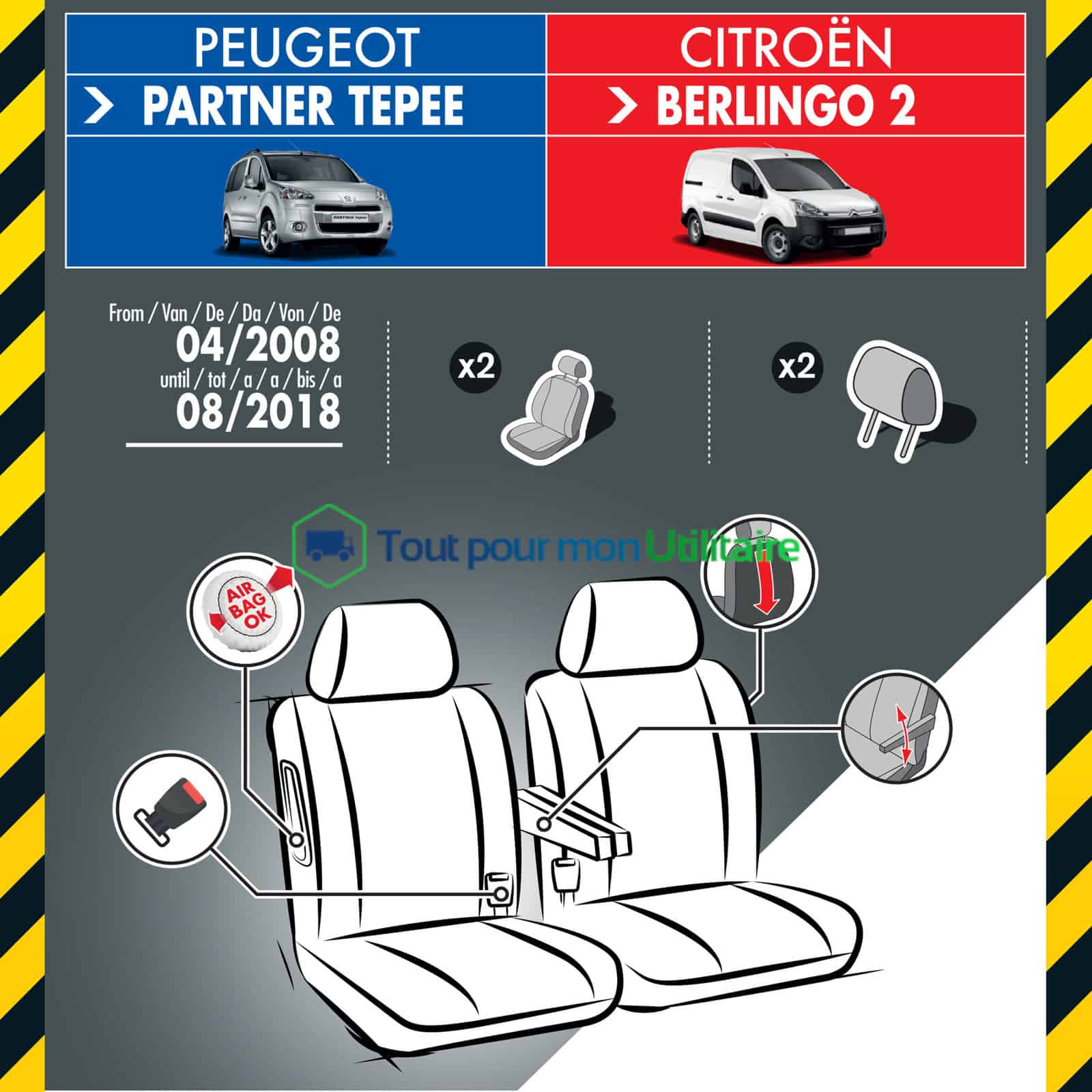 Housses en Jacquard/Simili Cuir pour CITROEN Berlingo 2008-2018 - 2 sièges  avant (compatible airbag)