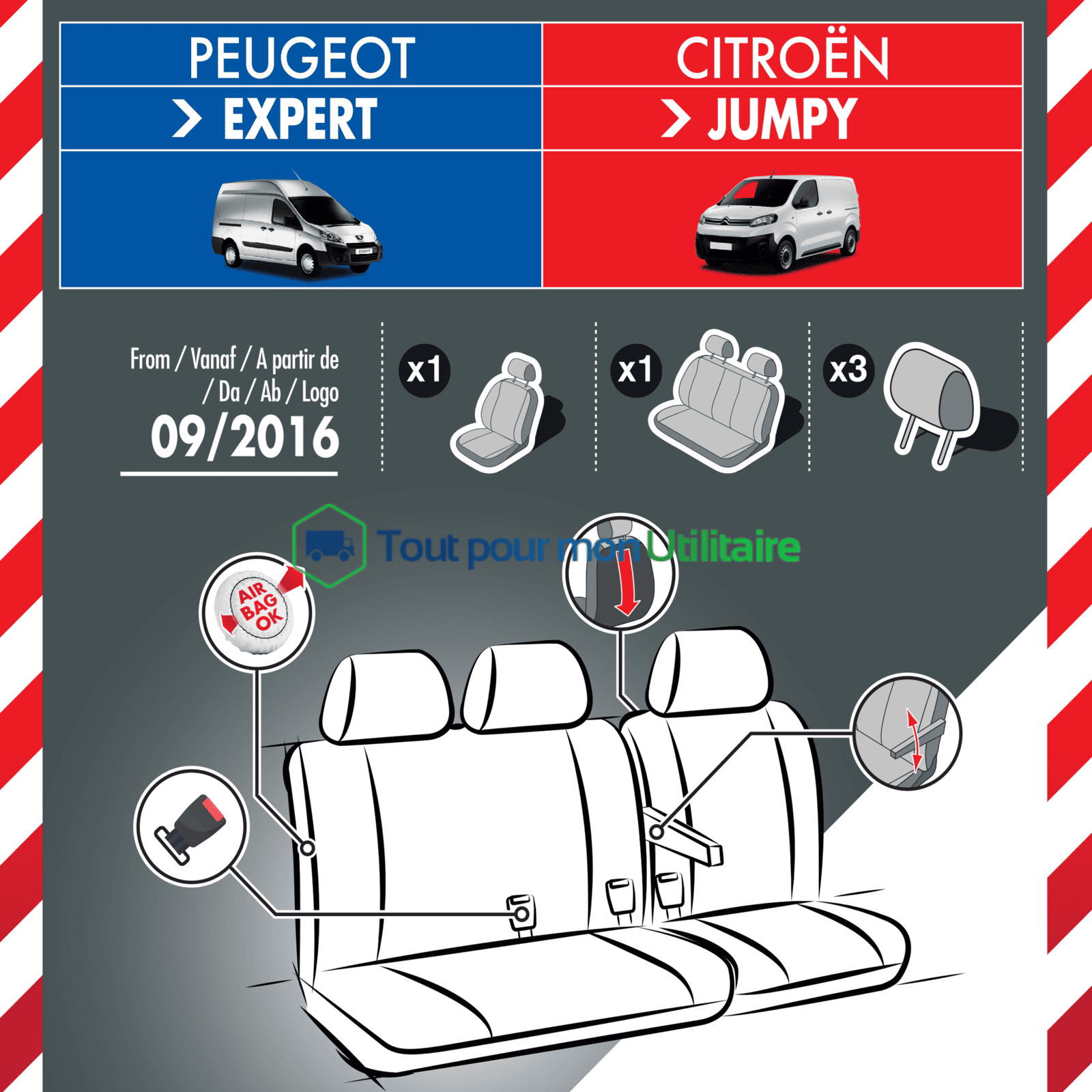 Housses en Jacquard/Simili Cuir pour RENAULT Trafic 2019+ - 1 siège  conducteur + 1 banquette 2 places (compatible airbag)